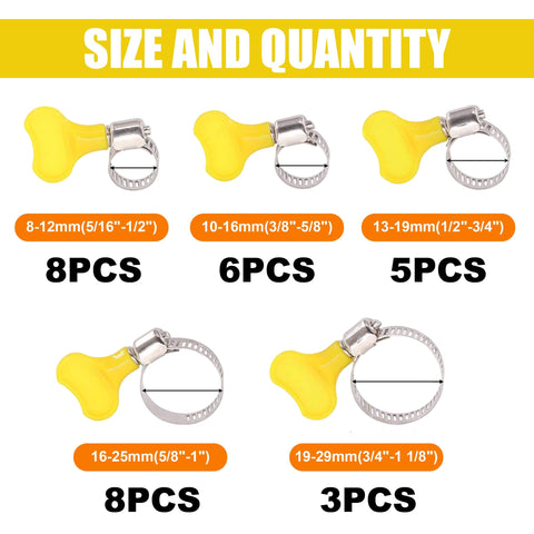 30-Pcs Stainless Steel Hose Clamps Set 5/16 To 1-1/8 Inch key-type sizes and quantities illustration