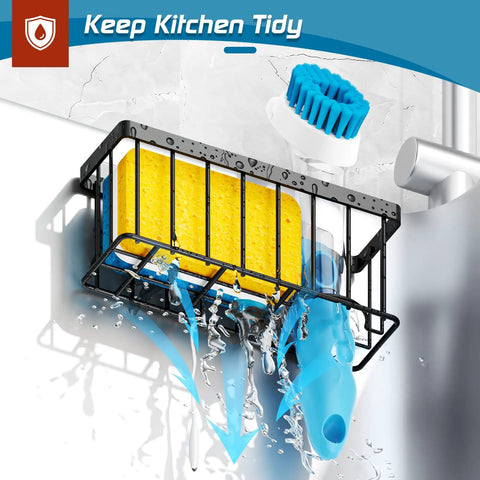 Kitchen Sink Sponge Holder Caddy With Suction Cups And Adhesive Strips Space Saving Organizer for sponges and brushes in black