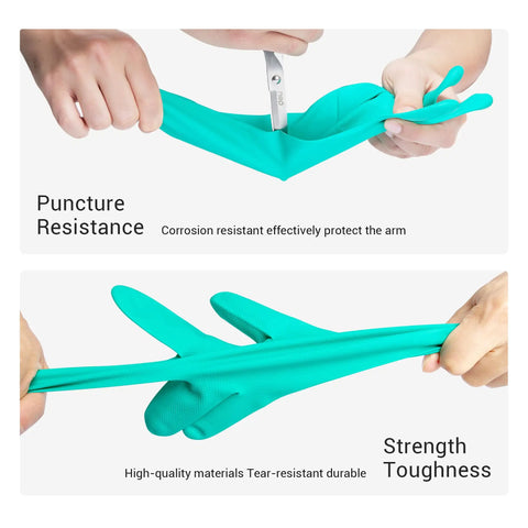 Heavy Duty Nitrile Chemical Resistant Gloves Five Pair Set 15 Mil Thick Latex Free Medium With Extended Cuffs shown for strength and puncture resistance.