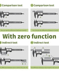 Instructional diagram of All-Metal Digital Caliper 0 To 4 Inches For DIY Home Projects And 3D Printing, Stainless Steel Micrometer Caliper With Auto Off, Converts Between Inches And Millimeters showing comparison and indirect tests.