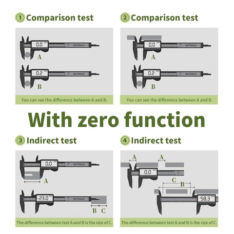 Instructional diagram of All-Metal Digital Caliper 0 To 4 Inches For DIY Home Projects And 3D Printing, Stainless Steel Micrometer Caliper With Auto Off, Converts Between Inches And Millimeters showing comparison and indirect tests.