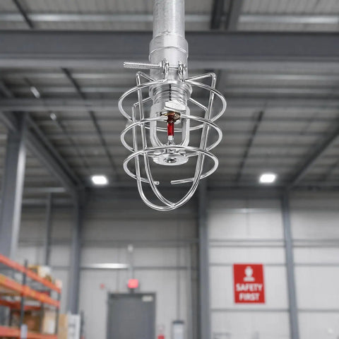 Rock Solid Heavy Duty Fire Sprinkler Head Guard Sturdy Iron Metal Shield Cover For Ceiling Pipe Setup Durable Cage Protector Built Tough As Nails For Commercial Facilities Knockout Protection mounted on a ceiling pipe.