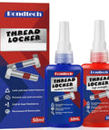 Front view: Bondtech Thread Locker blue 50ml (medium) and red 50ml (high) bottles with box.