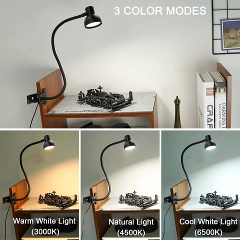 Clip On LED Desk Lamp With 360 Degree Flexible Gooseneck Eye Caring Night Light USB Powered Dimmer 3 Color Modes illumination display