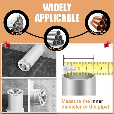 2 Pack 4 Inch Sewer Cleanout Cap Cover For Most Pipe Ends In Sinks And Pools Mechanical Steel Expansion Plug With Durable Rubber Gasket Floor Drain Cap For PVC Pipes End Cap For Sewer Cleanouts, shown with measurement guide for installation.