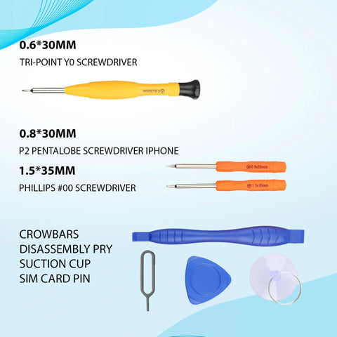 Tools included in iPhone 13 Pro Max Screen Replacement Kit, including screwdrivers, crowbars, suction cup, and SIM card pin.