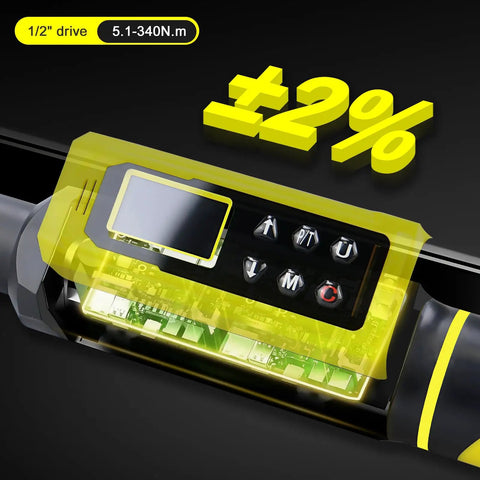 Digital display on torque wrench showing ±2% accuracy, 1/2 inch drive, 5.1-340 N·m range. Focus: Quarter Inch Drive Torque Wrench Set Pro Grade With 14 Piece Kit Must Have For Gearheads Torque Range 20 To 200 In Lb And 2.26 To 22.6 N m High Precision Dual Direction Adjustable Wrench Calibrated For Road And Mountain Bike Maintenance.