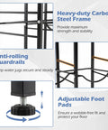 5 Gallon Water Jug Holder 2-Tier Stand With Tabletop Shelf Built To Last Heavy-Duty Carbon Steel Build for Easy Countertop Organization, showing heavy-duty frame, anti-rolling guardrails, and adjustable foot pads.