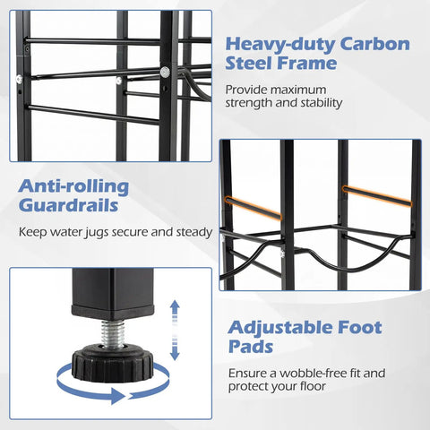 5 Gallon Water Jug Holder 2-Tier Stand With Tabletop Shelf Built To Last Heavy-Duty Carbon Steel Build for Easy Countertop Organization, showing heavy-duty frame, anti-rolling guardrails, and adjustable foot pads.
