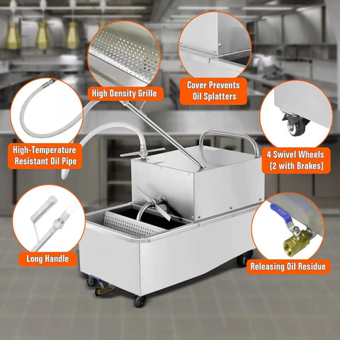 Commercial Workhorse Stainless Steel Deep Fryer Oil Filter Machine 55 Gallon Mobile Filtration Cart High Flow Pump features high density grille and swivel wheels.