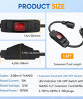 Outdoor Extension Cord With On Off Waterproof Switch 15A 125V Grounded 3 Prong Plug Tough As Nails Heavy Duty 1875W Short Outdoor Cord For Lights Black 14 Gauge 3 Wire SJTW Switch Cord Outdoor Light Control, shown with dimensions and features.