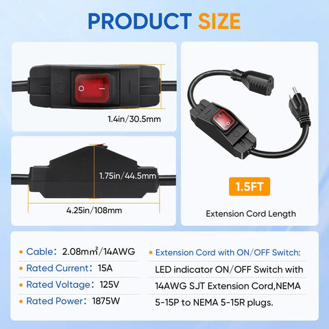 Outdoor Extension Cord With On Off Waterproof Switch 15A 125V Grounded 3 Prong Plug Tough As Nails Heavy Duty 1875W Short Outdoor Cord For Lights Black 14 Gauge 3 Wire SJTW Switch Cord Outdoor Light Control, shown with dimensions and features.