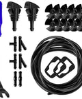Top Shelf Universal Windshield Washer Hose Repair Kit With Four Meter Fluid Tubing Six Heavy Duty Connectors Fan Spray Nozzles And Quick Snap Clips For Your Daily Driver components including black hose, connectors, and nozzles.
