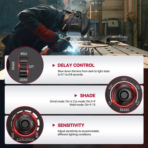 Welder using Auto Darkening Welding Helmet With 180 Degree Panoramic View Side View Windows True Color Display in workshop