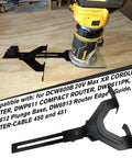 Bang On Edge Guide For Fixed Base Compact Router No Sweat Quick Swap Mounts Compatible With Dewalt And Porter Cable Bases attached to a compact router.