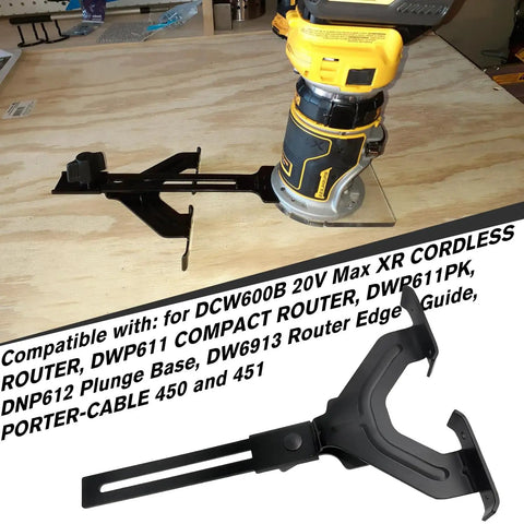 Bang On Edge Guide For Fixed Base Compact Router No Sweat Quick Swap Mounts Compatible With Dewalt And Porter Cable Bases attached to a compact router.