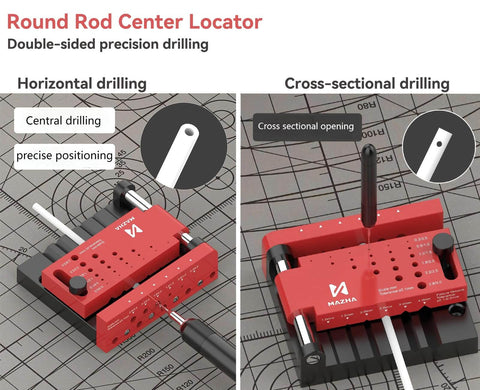 Round Rod Center Locator Drill Guide Jig For Precise Hole Positioning With Adjustable Drilling Size displayed in use on grid mat.