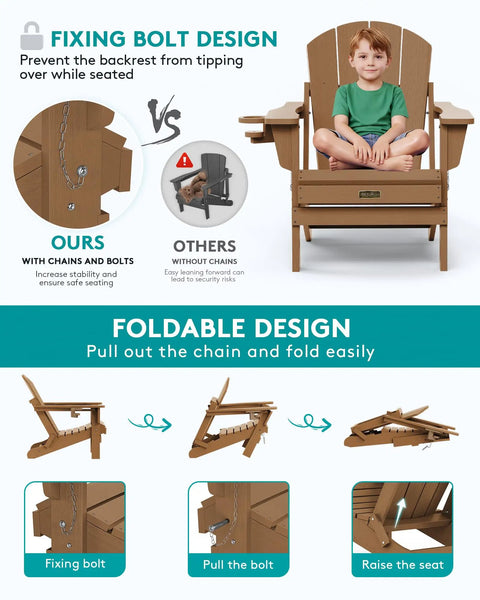 Diagram showing fixing bolt and foldable design of Foldable Adirondack Chair Set Of 2 With Built In Cup Holder Weather Resistant Space Saving Foldable Outdoor Chairs For Patio Deck Garden Backyard Fire Pit Brown Lightweight And Easy To Store