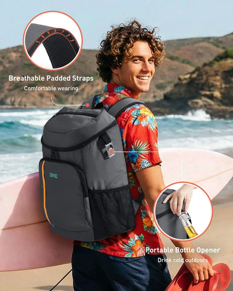 Man wearing Insulated Leakproof Cooler Backpack for Everyday Adventures on beach, showing breathable straps and bottle opener, dark gray.