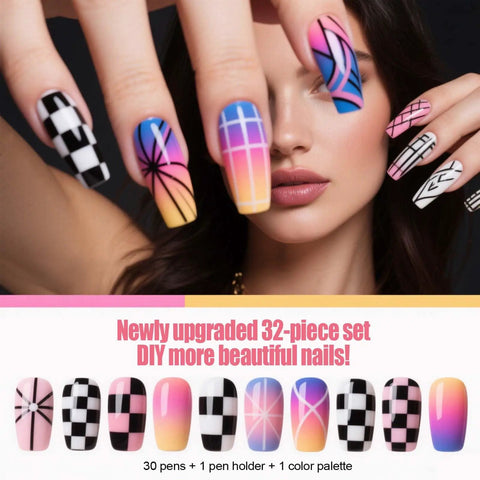 Close-up of nails designed with 32Piece Pro Nail Art Brushes Kit With Double Ended Brushes Dotting Tools Liner Pens Pen Holder Color Palette