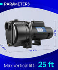 Shallow Well Jet And Centrifugal Pump Three Quarter Horsepower For Home Water Supply Dope Performance For Wells Up To Twenty Five Feet Max Head 167 Feet Delivers 1130 GPH Flow High Efficiency Motor with dimensions and parameters displayed.