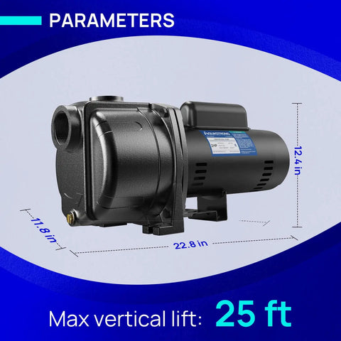 Shallow Well Jet And Centrifugal Pump Three Quarter Horsepower For Home Water Supply Dope Performance For Wells Up To Twenty Five Feet Max Head 167 Feet Delivers 1130 GPH Flow High Efficiency Motor with dimensions and parameters displayed.