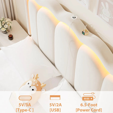 Close-up of adjustable wavy headboard LED lights and built-in charging ports on Full Size Beige Velvet Platform Bed Frame With Soft Led Lighting And Dual Gliding Storage Drawers Plus Adjustable Wavy Headboard Built In Charging Ports And Sturdy Wood Slats For Legit Comfy Sleep Zero Box Spring Hassle.