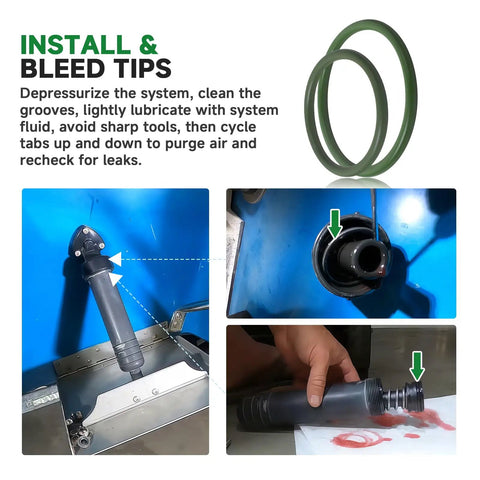 Installation guide for 4 Piece O Ring Seal Kit for Trim Tab Actuators A1120 A1121, green FKM seals shown with hydraulic components.