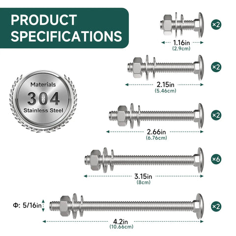 No Sweat Wheelbarrow Handle Replacement Kit 14 Piece 304 Stainless Steel Carriage Bolts and Nuts size specifications chart