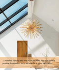 Gold Sputnik Chandelier Pendant Light 12 Light Fixture For Kitchen Island Dining Room Farmhouse Entryway Ceiling Aluminum Modern Lighting Artful Fireworks Style Decor hanging in a bright room.