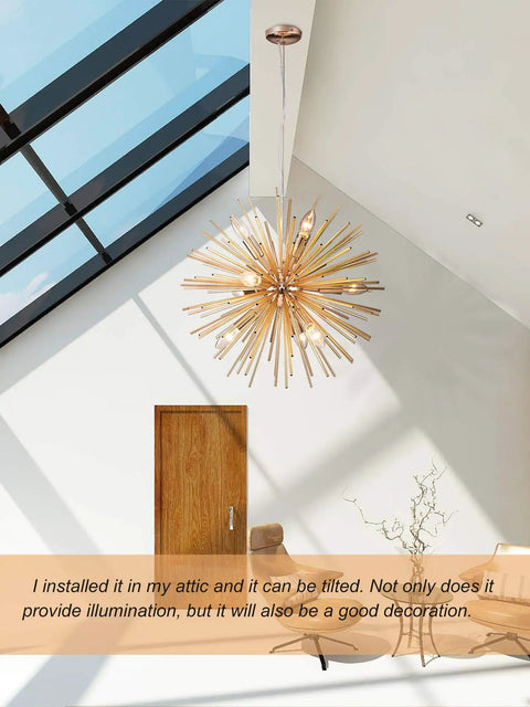 Gold Sputnik Chandelier Pendant Light 12 Light Fixture For Kitchen Island Dining Room Farmhouse Entryway Ceiling Aluminum Modern Lighting Artful Fireworks Style Decor hanging in a bright room.