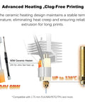 Diagram showing ceramic heater and brass nozzle of 2 Pack 0.4mm Centauri Carbon Hotend Kit For Elegoo CC And CC2 3D Printer.