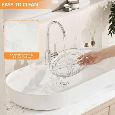 Clear Lazy Susan set of two shown over sink with water pouring, demonstrating easy cleaning and non-slip surface.