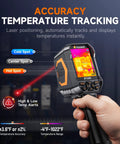 RT280 Thermal Imaging Cam With 320 By 240 LCD Screen TISR Enhanced Resolution From 120 By 90 To 240 By 180 25 Hz Handheld Infrared Cam With Laser Pointer Photo And Video Capture PC Analysis 8GB Internal Memory showing temperature tracking and laser pointer in hand view.
