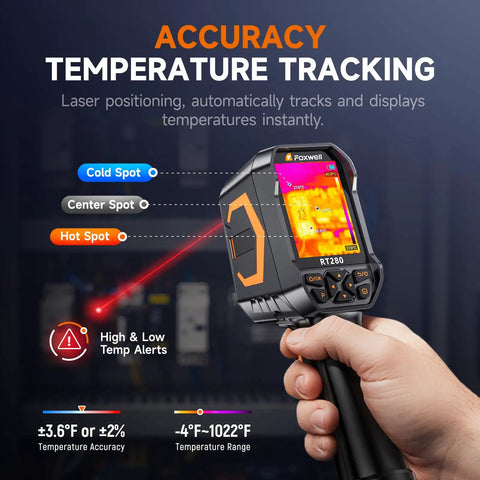 RT280 Thermal Imaging Cam With 320 By 240 LCD Screen TISR Enhanced Resolution From 120 By 90 To 240 By 180 25 Hz Handheld Infrared Cam With Laser Pointer Photo And Video Capture PC Analysis 8GB Internal Memory showing temperature tracking and laser pointer in hand view.