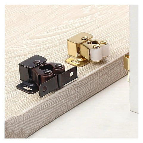 Premium 10 Pack Cabinet Latch Catches With Spring Auto Lock For Wardrobes Cupboards Drawers Durable Metal Hardware Fittings Easy Install Heavy Duty Kitchen Storage Secure Holds Stylish And Strong, showing bronze and gold latches.