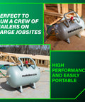 High Capacity 10 Gallon Air Tank With ASME Certification, 5 Quick Connects, shown on construction site, angled steel legs visible.