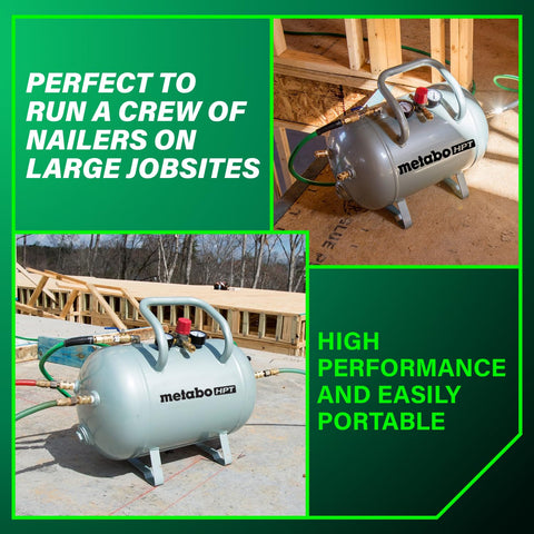 High Capacity 10 Gallon Air Tank With ASME Certification, 5 Quick Connects, shown on construction site, angled steel legs visible.