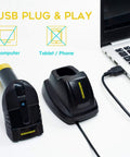 Wireless Barcode Scanner With Charging Cradle That Reads 1D And 2D Barcodes Including QR Data Matrix And PDF417 From Paper Or Screens No Fuss 400m Transmission Range 2200mAh Battery Cordless CMOS Image Scanner For Computer next to laptop.
