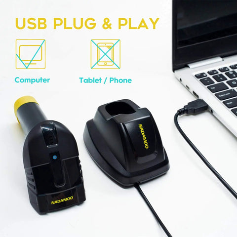 Wireless Barcode Scanner With Charging Cradle That Reads 1D And 2D Barcodes Including QR Data Matrix And PDF417 From Paper Or Screens No Fuss 400m Transmission Range 2200mAh Battery Cordless CMOS Image Scanner For Computer next to laptop.