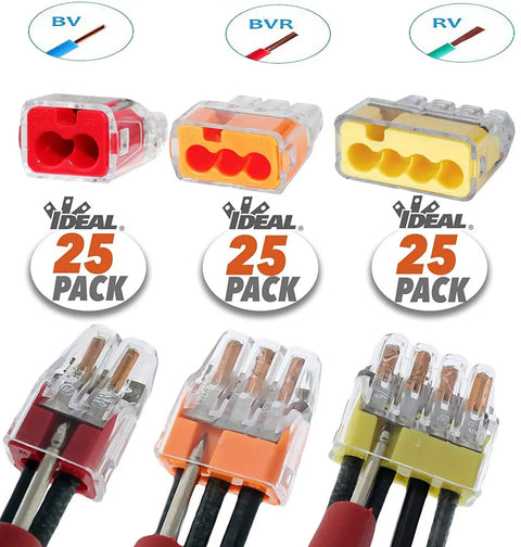 Push-In Wire Connectors Assorted Pack 2-Port 3-Port 4-Port 75 Pieces No-Twist Design showing varied colors and clear shell