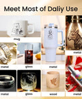 Various engraved items using Ultra Versatile 4 In 1 Laser Rotary Chuck, including mugs, metals, wood, and glass objects.