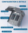 Weatherproof Outdoor Outlet Box With Dual 20 Amp GFCI Outlets For Yard And Patio, All Metal Weather-Resistant Housing With Cover, ETL Certified For Safe Exterior Power Use. angled view of gray NEMA-3R metal housing with dual GFCI outlets