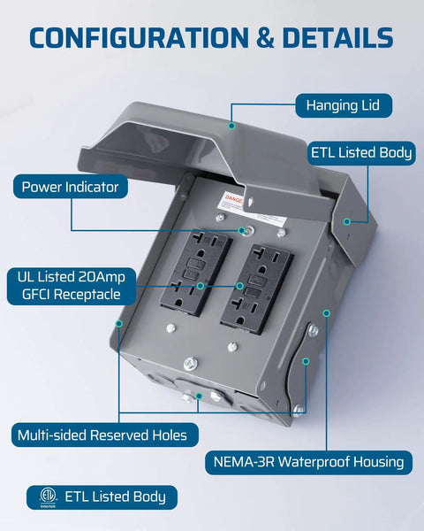 Weatherproof Outdoor Outlet Box With Dual 20 Amp GFCI Outlets For Yard And Patio, All Metal Weather-Resistant Housing With Cover, ETL Certified For Safe Exterior Power Use. angled view of gray NEMA-3R metal housing with dual GFCI outlets