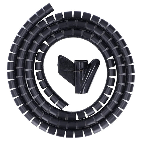 Flexible Black Spiral Cable Wrap For Cord Management 20mm Plastic Wire Sleeve coiled with a clip for organized cables.