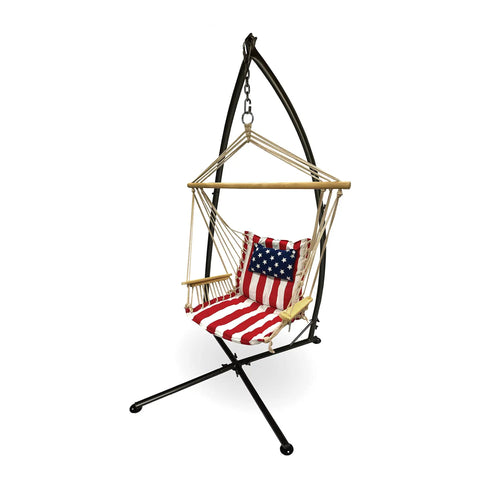 Cozy Hammock Chair With Armrest Support Indoor Outdoor Rope Swing 12 Pattern Options Breathable Fabric Red White And Blue Colorway Ideal For Reading Lounging And Relaxing displayed freestanding