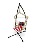 Durable Outdoor Hammock Swing Stand With Rust Resistant Steel For Indoor Or Outdoor Use featuring X base design holding flag design chair