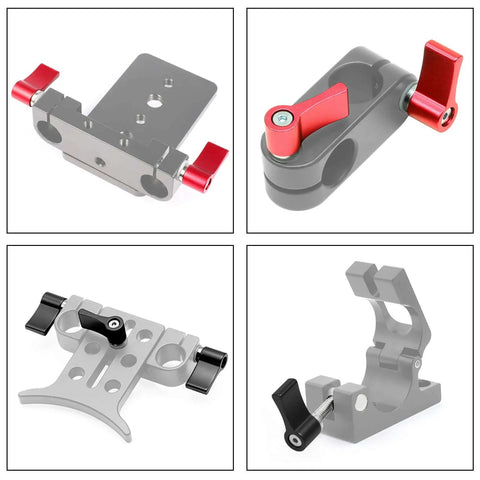Four different hardware mounts with M6x17 thumb screws, red rotating knobs, for electronics, decor, and photography gear.
