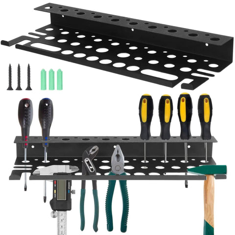 Wall Mount Tool Organizer for Screwdrivers and Pliers Easy Install Space Saving Wall Rack for Home and Workshop Vertical Storage Holder with Included Screws and Anchors Multi Tool Compatibility for Various Tool Shapes shown with tools mounted