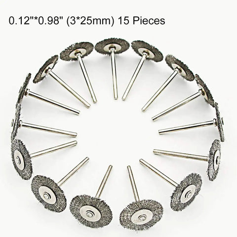 15-piece set of 0.12" x 0.98" stainless steel wire brushes for drill and rotary tools with 3mm shaft.